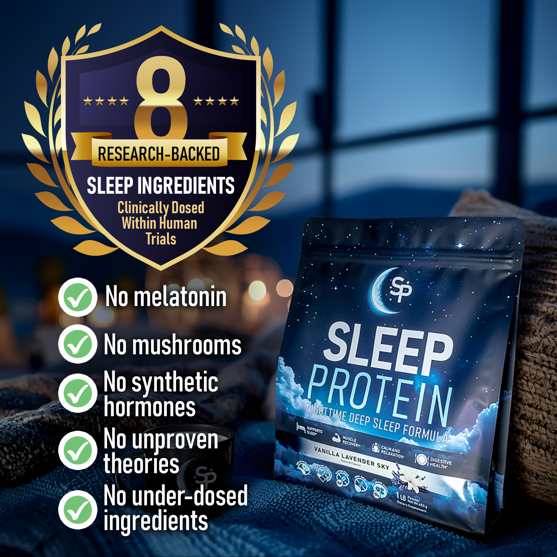 Sleep Protein, Nighttime Deep Sleep Formula Protein Powder, Melatonin-Free, Vanilla Lavender Sky, 1 lb (453 g)