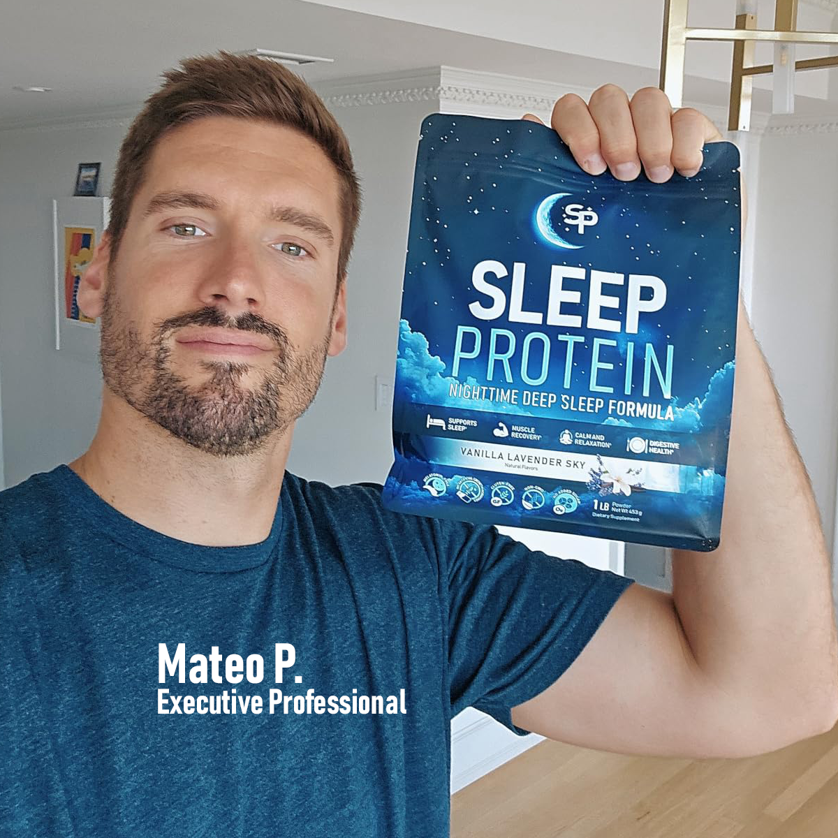 Mateo P. Executive Professional with a bag of Sleep Protein