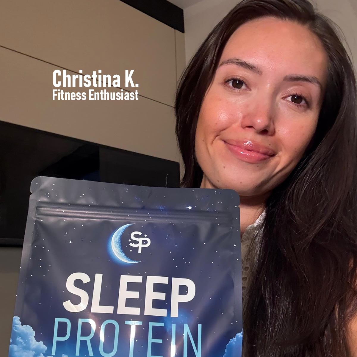 Christina K, fitness enthusiast with a bag of Sleep Protein