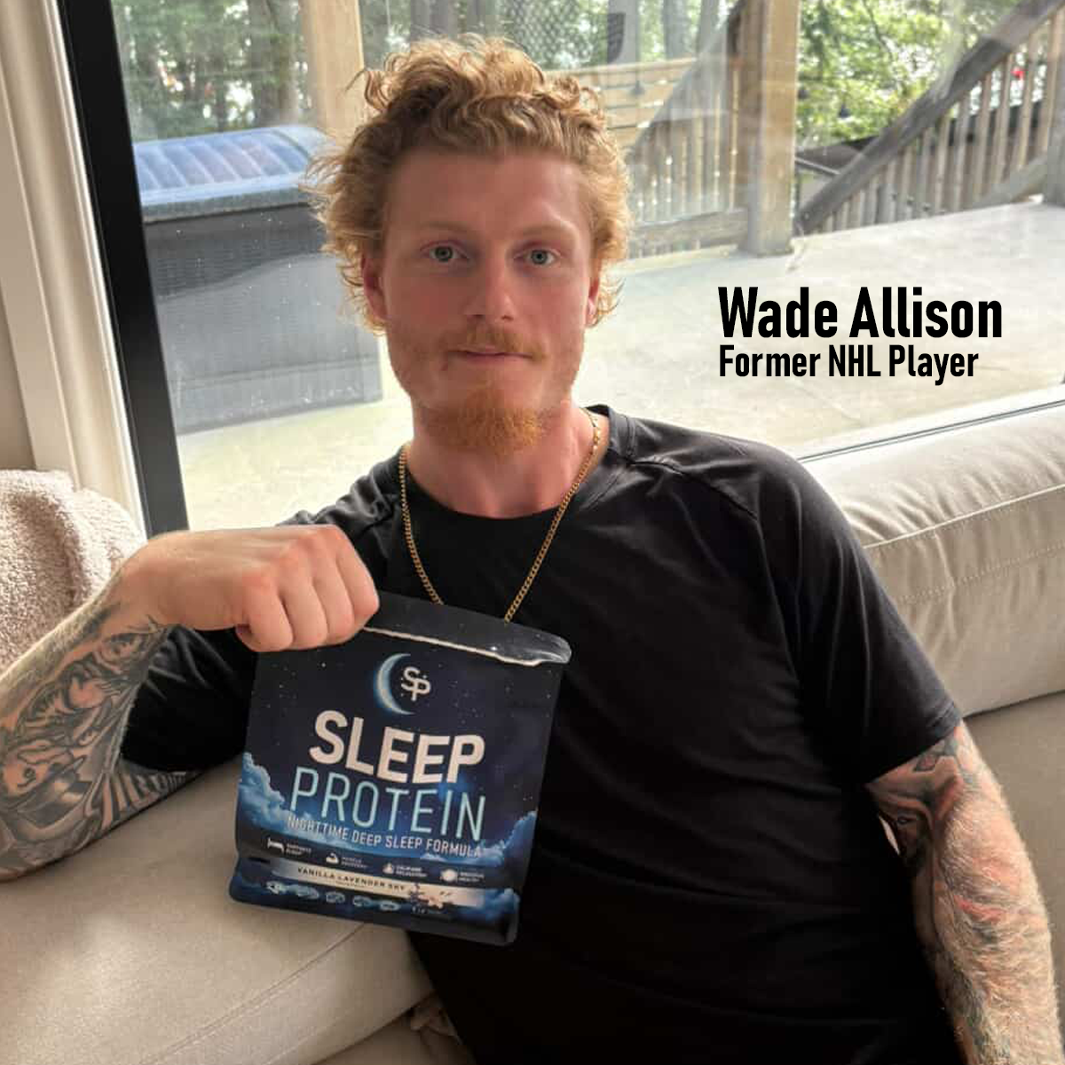 Wade Allison, former NHL Hockey Player with a bag of Sleep Protein