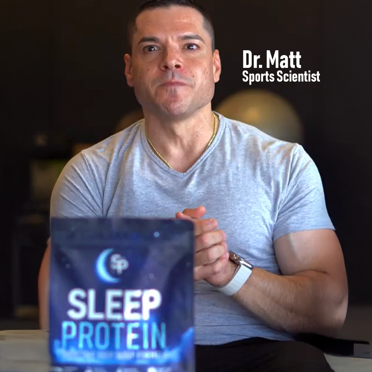 Dr. Matt Gaston Villanueva, Ph.D. with a bag of Sleep Protein